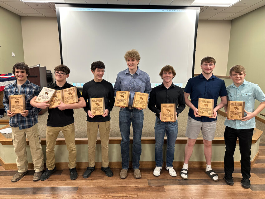 Award winners L to R: Dusty Schmirler (Most Team Points), Remington Skic (Charles Gustin Outstanding Wrestler Award, Rod Genrich Memorial Most Takedowns Award, and Most Dedicated), Broc Suchocki (Most Improved Underclassman), Austin Depies (Legion Award and Most Pins), Callum Wheeler (Ogre Award— given to the Senior who gets the most out of their ability, gives 100%, and leads by example), Carson Brooks (The Jered Severt Coaches Award— given to an upperclassmen who displays best what it means to be a Merrill wrestler), and Brett Suchocki (Most Improved Upperclassman).