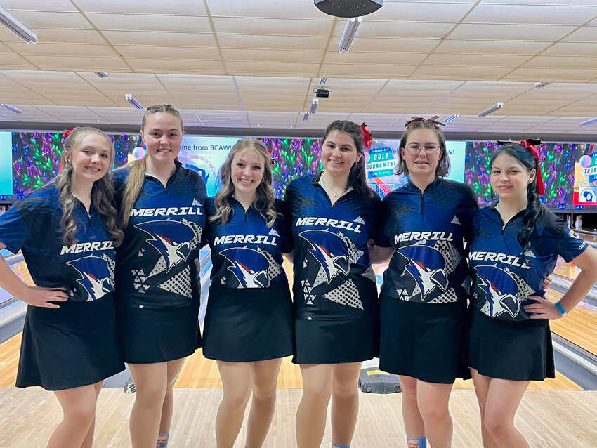The Merrill Varsity Girls Bowling Team, L to R:  Peyton Smith, Marley Krueger, Avery Frisch, Bella Kottke, and Izzy Scheffler (all from Merrill) and Jayden Dellinger (from Tomahawk).