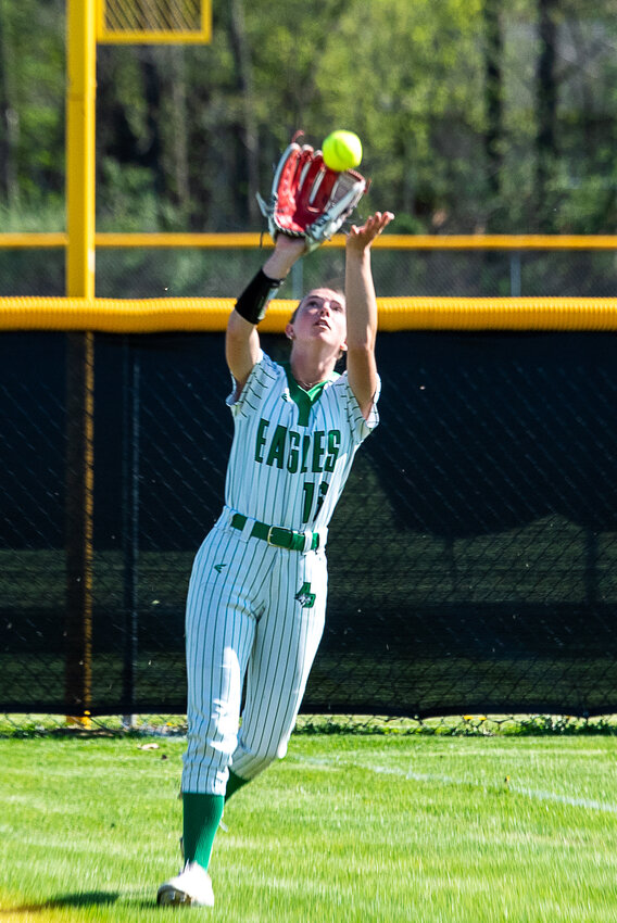 Lexi Carlton collects a fly ball hit to left field against Pacelli on May 12.