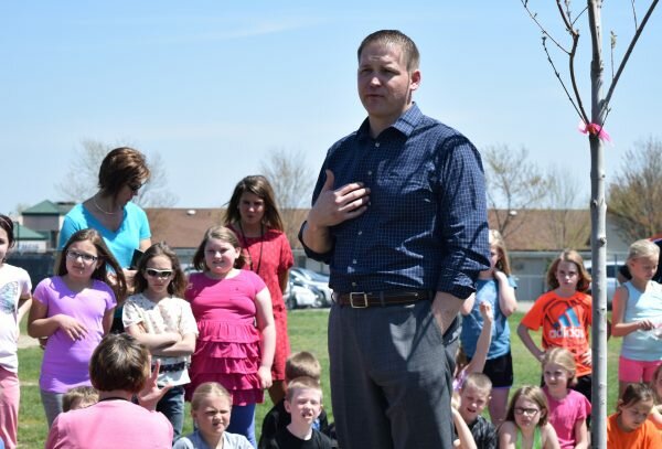 Mayor Chris Meyer speaks to Grant Elementary students about the importance of trees at the Marshfield Arbor Day celebration on Friday, May 6.