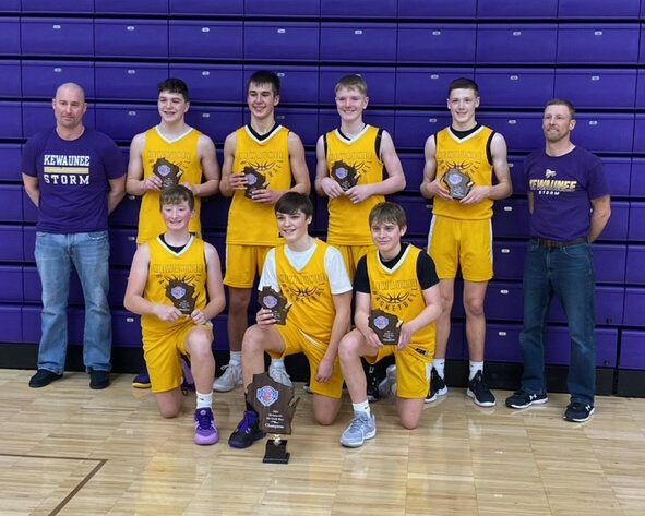 The Kewaunee eighth grade boys basketball team, bottom row from left: Mason Delebreau, Calvin Kolmorgen and Mason Kovacs; top row: Matt Delebreau, Landon Latour, Dan Harrell, Baylor Elliott, Diesel Bosdeck and Matt Bosdeck. 