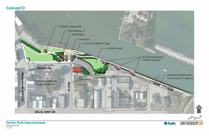 Preliminary plans for the redesign of Harbor Park as part of the Kewaunee Harbor revitalization project include moving the gazebo and, adding an overlook, sidewalks and fishing stations.