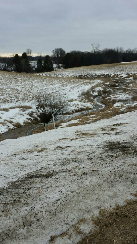 An agricultural field in Kewaunee County with no buffer zones along a streambank.