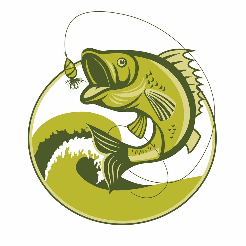 Bass Fish. Bass Fishing Lures. Bass Fishing tackle. Bass Fishing hook. Catching Bass Fish Vector. Fish Mascot. Fish Jumping Of Water. Perch Fishing Vector Illustration. Fish Jumping With Waves Inside Circle On Isolated White Background.