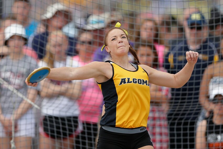 Algoma's Katelyn Williams makes a throw while competing in the Div. 3 discus during the WIAA state track and field meet at Veterans Memorial Field Sports Complex in La Crosse on June 4.