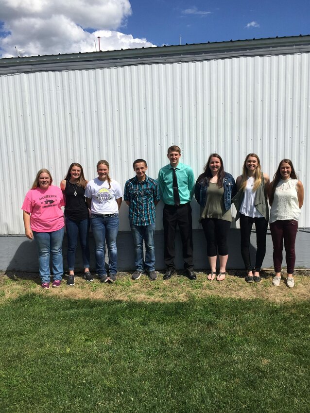 The Kewaunee County Senior Dairy Judging team placed sixth in the District 4-H Dairy Judging Contest in Beaver Dam. From left to right are Emily Kroll, Megan Moede, Hailey Gaedtke, Jeremy Schlies, Michael Moede, Mikayla Knorn, Megan Srnka and Taylor Paye.