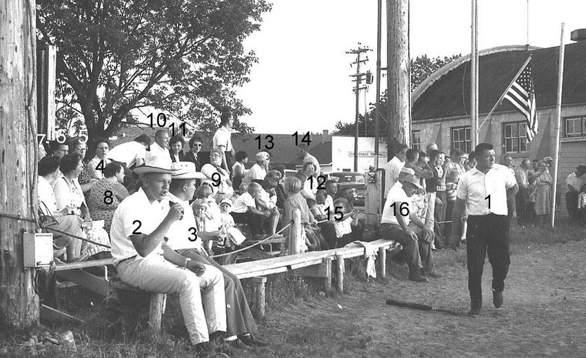 Rio Creek fans were there in July 1964 to cheer on their baseball team when it played Maplewood at the Forestville field next to Legion Hall. Food and beverage stands were adjacent to the hall, and Forestville Town Hall was the white building across the road. Rio Creek spectators are identified as follows: 1. Arnie Neuzil, 2. Jerry Neinas, 3. Leon Jacques, 4. Mildred Neuzil, 5. Marilyn Schneider, 6. Lorraine Neuzil, 7. Norma Teske, 8. Erma Villers, 9. Darlene Rhodes, 10. Al Breitlow, 11. Karen Breitlow, 12. June Kirchman, 13. Gerald Guth, 14. Fuzzy Kirchman. 15. Ervin Villers. 16. Roy Neuzil. But, who won the game?</p><p>The photo comes from the Heidmann Collection at the Algoma Public Library.