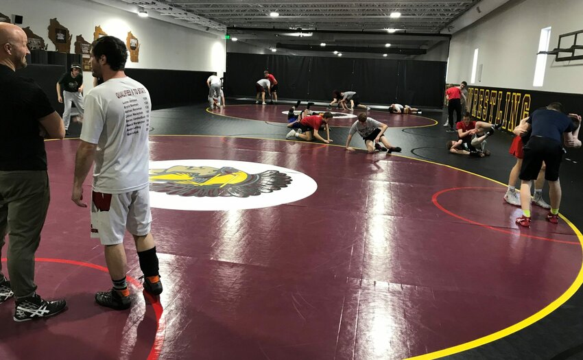Students practice in the new wrestling room at the Luxemburg-Casco School District.
