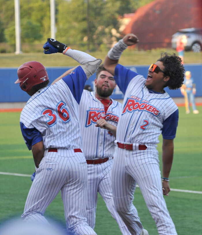 Rockers players celebrate after a home run smashed by Mateo Matthews during the 2023 season. 