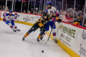 Green Bay Gamblers Forward Libor Nemec battles for the puck