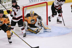 Gajan prepares to make a save in their Dec. 8th game against the Chicago SteeL