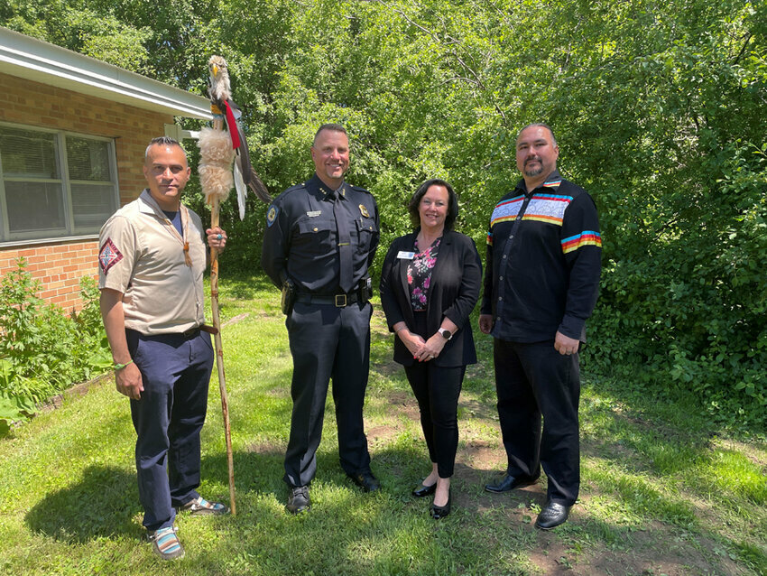 From left, Oneida Recovery Coach Patrick Danforth, Assistant Police Chief Joel Maxam, Oneida Behavioral Health Director Mari Kriescher and Oneida Nation Chairman Tehassi Hill spoke to the presence of fentanyl in our area and the lifesaving resources available to community members to help protect their family and friends. Submitted photo