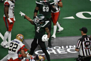 Green Bay Blizzard DB Ravarius Rivers celebrates a play while helping lead his team to a postseason victory at the Resch.