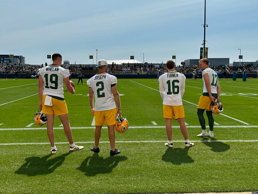 Green Bay Packers Special Teams players from left, Daniel Whelan, Greg Joseph, James Turner and Anders Carlson at Day One of Training Camp preparing to take on the new NFL kicking rules. Kris Leonhardt photo