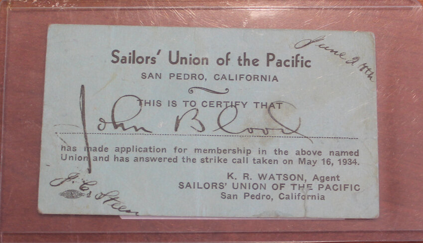 Former Green Bay Packers Player/Coach Johnny Blood’s Sailors’ Union of the Pacific card. A corresponding longshoreman certificate of discharge lists Blood’s discharge date as June 26, 1934, in San Francisco — just a little over a week before what became known as “Bloody Thursday” when longshoremen on strike battling over wages and hours clashed with police. The strike led to the unionization of West Coast ports. During the July 5, 1934, clash hundreds of residents and officers were injured and two people were shot — one died and the other wounded in the head.