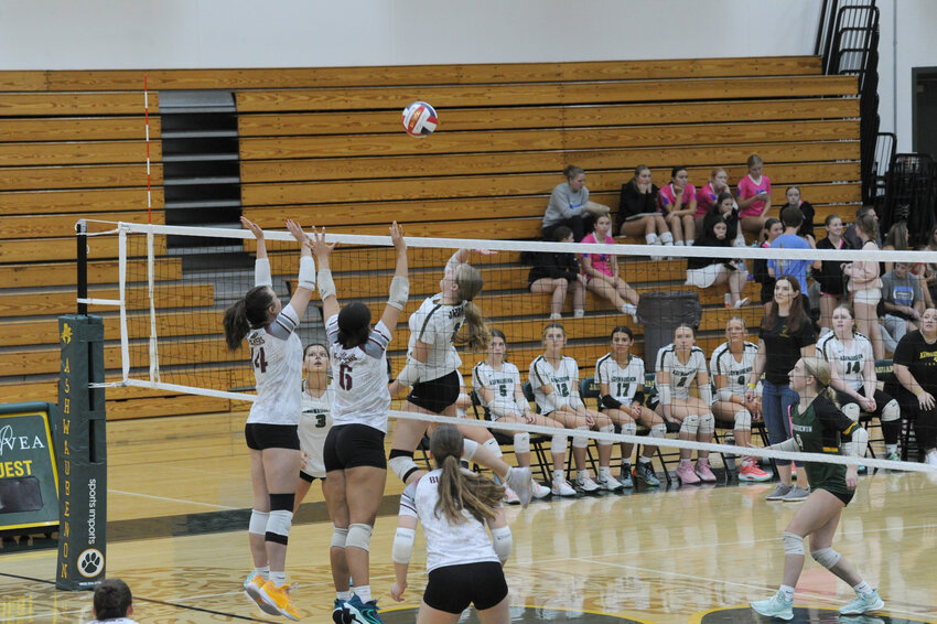 Ashwaubenon Jaguar Kaitlin VandeYacht attacks the ball as NEW Lutheran Blazers Emma Laatsch and Kiera Adams-McIntosh jump up for the block.