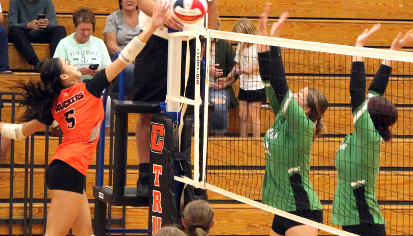 Clintonville Truckers McKaylee Stephenson rallies her team in the second set on Sept. 9..Nick Griesbach Photo