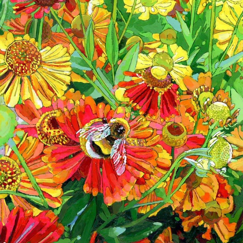 “Pollinator Series: Bumble bee on gaillardias” is an encaustic on wood, created by Jessie Fritsch. Her studio in Stevens Point is featured in the Hidden Studios Art Tour slated for Oct. 4-6..Photo courtesy of Jessie Fritsch