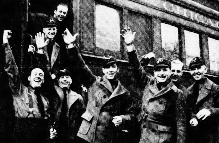 Lumberjack Band  members cheer on the Packers against the Bears in November 1939 in Chicago. Pictured are Merrill Guerin, Billy Johnson, Donald Barber, Tony Vandenberg, Bernard Paulson, Jimmy Collard, Joe Hartinger and Eugene Stiller.