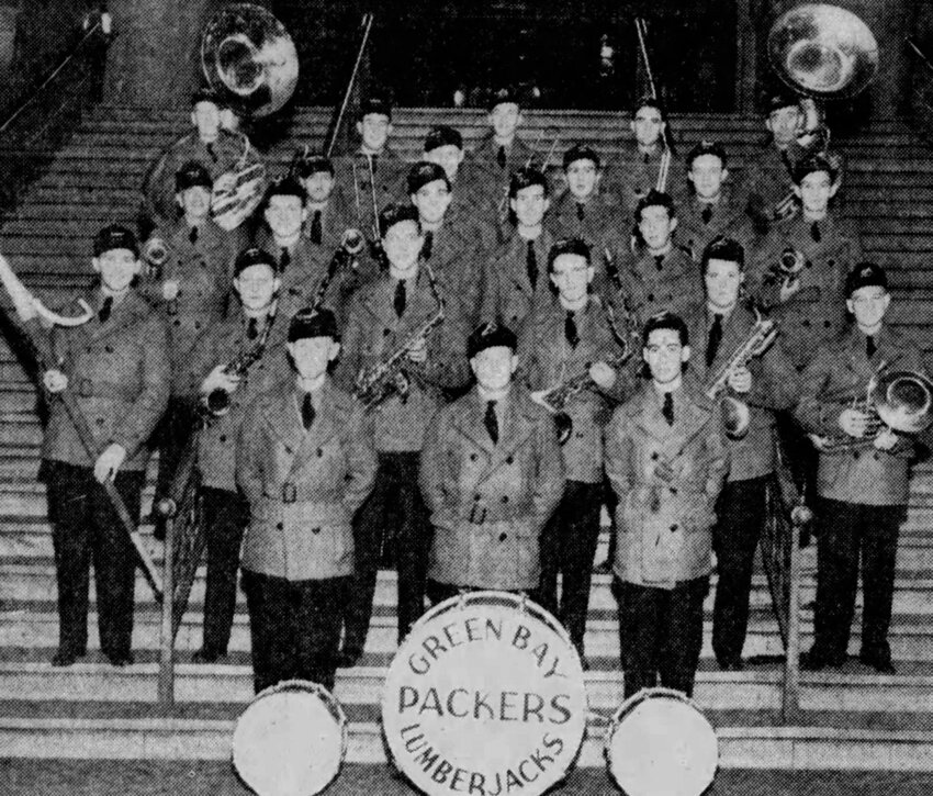 The 1939 Lumberjack Band, front row from left: Walter Remick, James Collard and Franklin Le Roy; second row: Wilner Burke, Norbert Ecker, Russell Walters, Joseph Hartinger, Gordon Beseau and Bill Johnson; third row: Tony Vandenberg, Ray Du Puis, James Aerts, Howard Sheldon, Bernard Paulson and Carl Sturdevant; fourth row: Leo Klamert, Elmer Kapp, Quinten Willems and Merrill Guerin; fifth row: Wendell Shaw, Donald Barber, Robert Le Claire, Clifford Ahasey and Eugene Stiller.