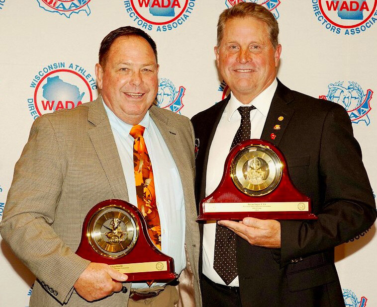 Former Waupaca High School athletic director Carl Eggebrecht (left) and retired Reedsburg Area High School athletic director Bryan Yager were inducted into the Wisconsin Athletic Directors Association Hall of Fame in November at the organization’s annual conference in Wisconsin Dells.
Submitted Photo