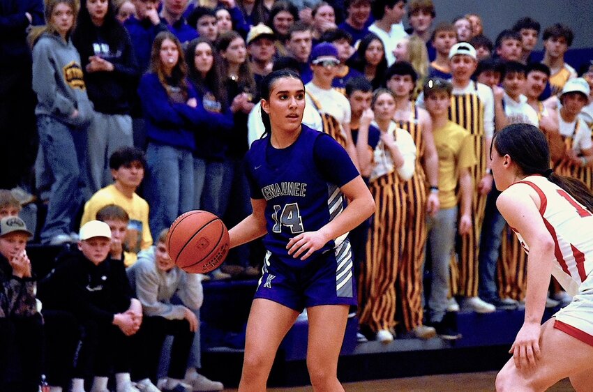 Junior guard Gabby Stangel looked for an open teammate in the first half of the Storm's sectional semifinal loss to Manitowoc Lutheran last week.