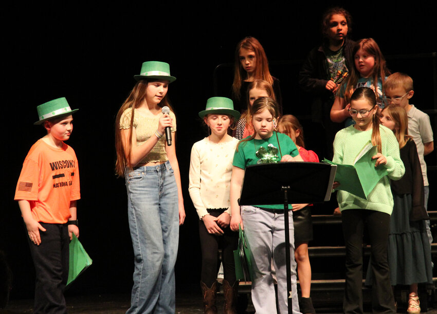 Wild Rose fifth graders were the St. Patrick Jokers during the spring program. They were Charlie Berry, Cecelia Simon, Abbey Koeppl, Stella Werch, and Oaklei Boersma.