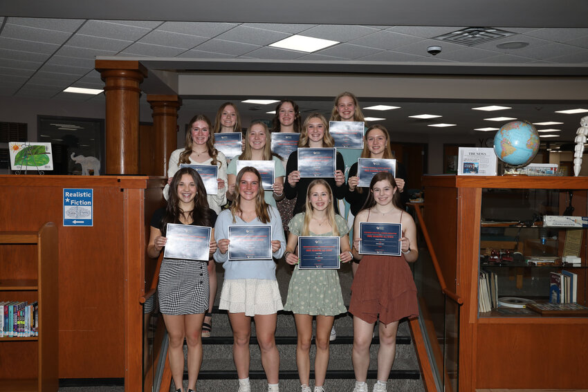 Pictured are the Academic All State honorees on the girls' basketball team. Rront row: JaLyn LaChapelle, Ella Miljevich, Kara Monk and Amelia MacIntyre. Middle row: Vivian Lamers, Gracie Anderson, Aubryn Clark and Dawsyn Barkus. Back row: Ellie Cummings, Kelsey Winter and Lexi Beran.