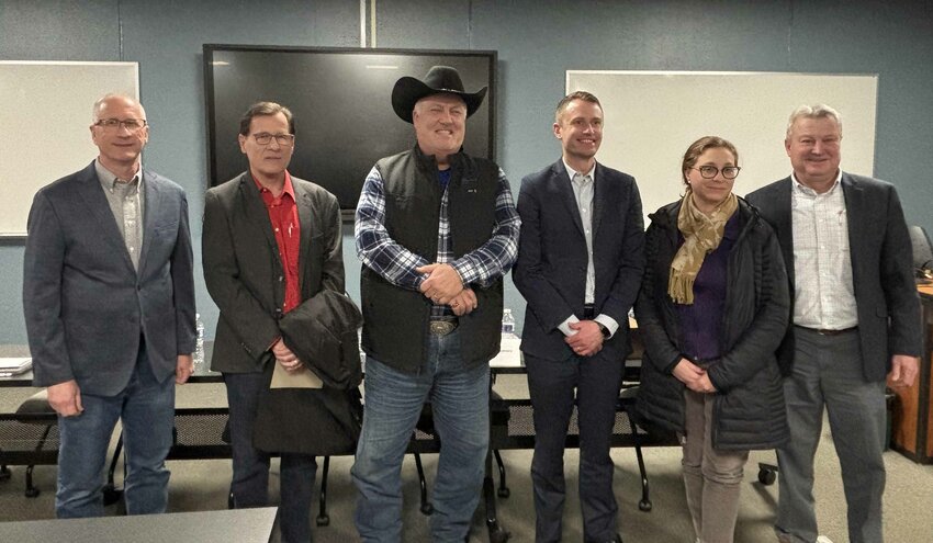 State Representative Kevin Peterson, State Representative David Murphy, State Senator Cory Tomczyk, State Representative Brent Jacobson, State Senator Rachel Cabral-Guevara, and State Representative Joel Kitchens met with local school boards March 31 at New London High School.  Photo courtesy New London School District