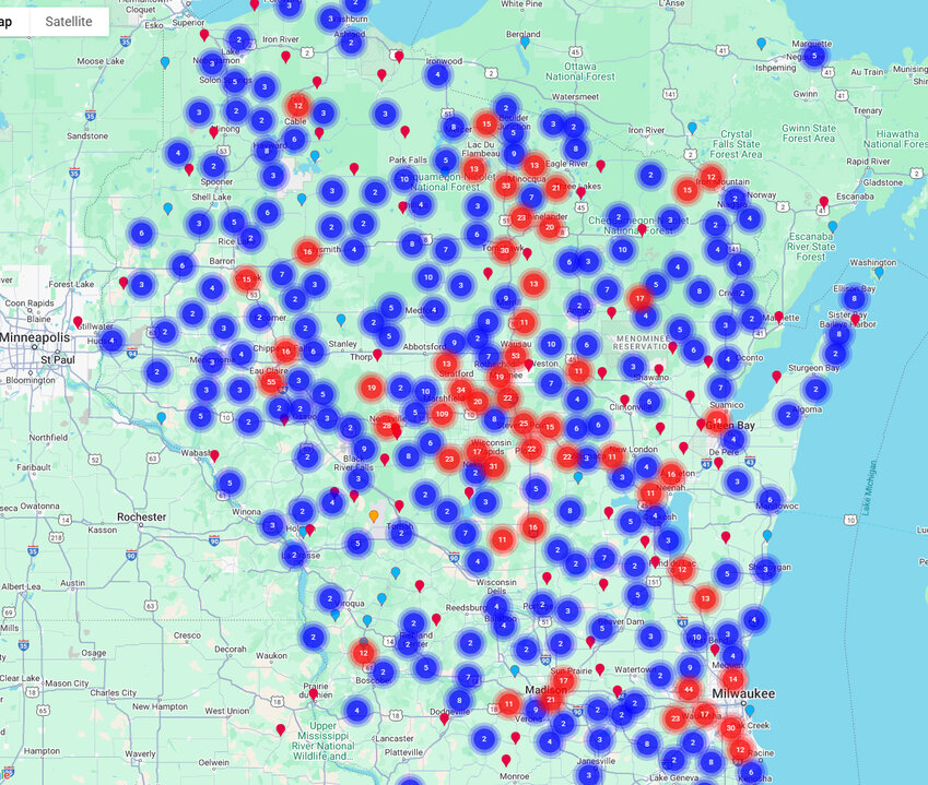 Pictured is map of Wisconsin showing where ticks have been collected and sent to Marshfield Clinic Research Institute for identification.