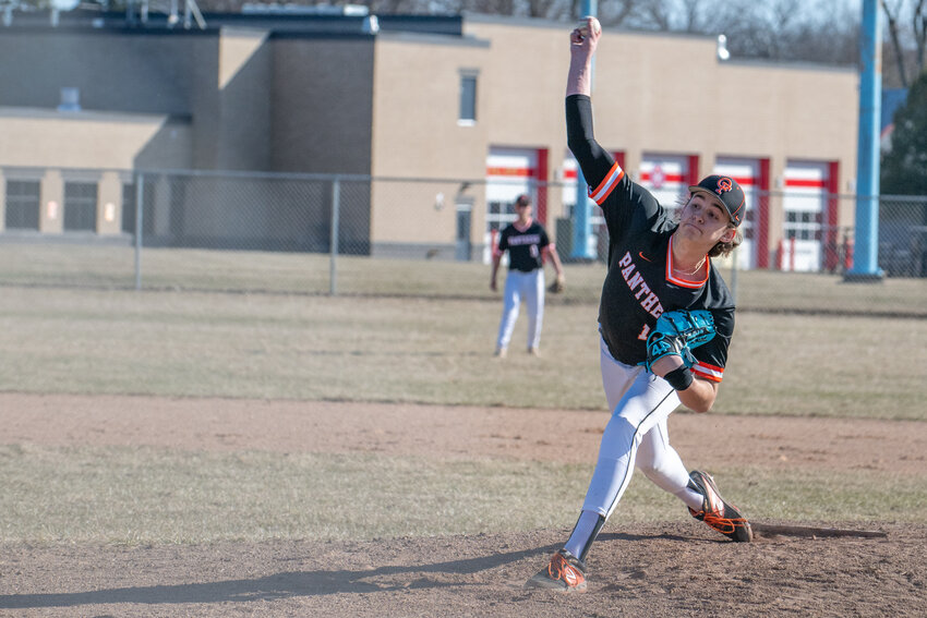 Oconto Falls starter Jack Adler delivers a pitch in the second inning on Friday, Apr. 11 as the Panthers took on Crandon at home. Josh Staloch photo
