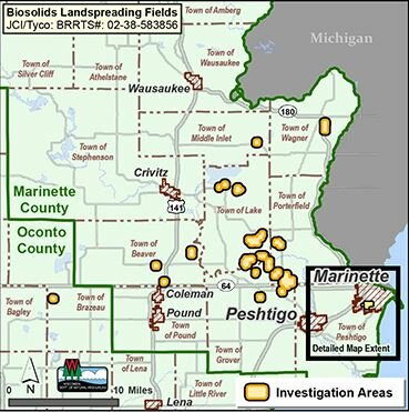 DNR map of biosolid fields in northeastern Wisconsin.