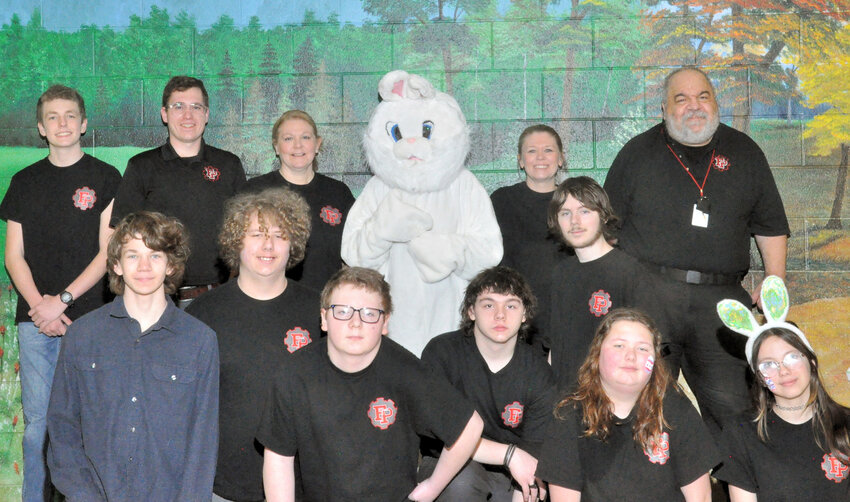 Trojan Power Robotics held their first annual Easter Breakfast Fundraiser April 12. The team would like to thank everyone who volunteered, attended and showed their support to make the event a huge success. Pictured are, back row from left, Soren Santi, Will Toivonen (Coach), Jill Aberly (lunchroom), Easter Bunny (Leslie Bricker), Lindsey Lauridsen (lunchroom) and Jim Friend (Coach). Front row, from left, Morries Holm, Connor LaPlant, Kevin Brunswick, Chase Frailing, Jacob Bricker, Kya Bohto and Ally Harper.