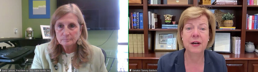 On April 10, U.S. Senator Tammy Baldwin, right, hosted a virtual town hall for her Northeast Wisconsin constituents. The town hall was moderated by New North President/CEO Barb LaMue, left.
