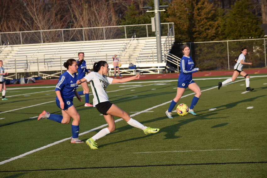 Preble Sophomore Frida Dax takes a shot on goal during the Hornets conference matchup against the Trojans.