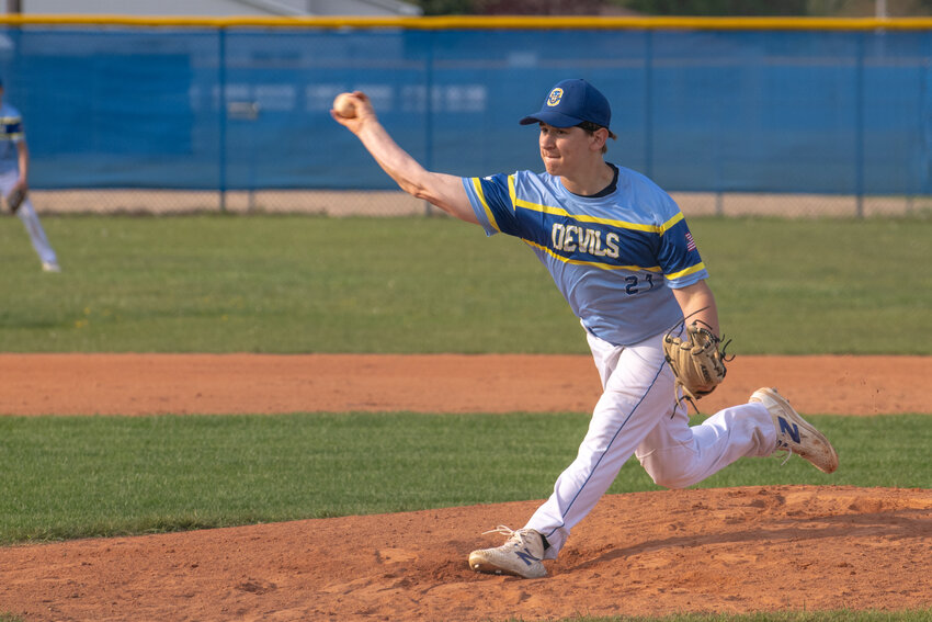 Blue Devils’ closer Roman Cantu delivers a pitch in the final inning on Thursday.