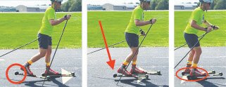 FIGURE 4: Subtle precise weight transfer onto the lead foot as the feet pass enables gentle and silent rear-wheel touchdown.  Visually, the arrow on the track calls attention to the subtle yet concise rear-wheel-touchdown body movement coordination and timing. For me, this is a really hard movement and takes a lot of concentration that is totally worth it. You will be able to hear no sound and feel the smoothness when done properly.
