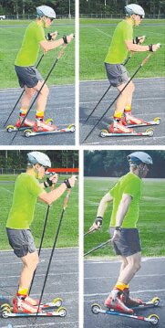 FIGURE 5: Upper left quadrant: V2 left foot push onto right foot at 2 o’clock.  Upper Right Quadrant: V2 right foot push onto left foot at 11 o’clock.  Stay stacked over joints (ankle, knee, and hips) while not allowing your hands to pass beyond the hips on follow-through. Do not extend your arms. Your shoulders, humerus, and radius/ulna remain locked and loaded throughout each motion as you would carry a tray of food in the cafeteria. Leg follow-though ought to occur at 3 o’clock to prevent your hips from rotating. Hips are now aligned with upper and lower body, always pointing directly forward in the direction of travel. Lower Left Quadrant: V2 left foot push onto right foot at 3 o’clock.  Lower Right Quadrant: V2 left foot push with right foot follow through at 4:30.  The skate push at 3 o’clock leads in a 4:30 or later leg follow through.  Consequently, the body kinetic chain breaks to cause unnecessary body twists and rotation. More body movement is now required to return to an aligned neutral athletic body position that results in muscle and tendon soreness and strains. 

V2 & Classic Suggestion:  Upper body locked-and-loaded impulse downward pole movement derives from core muscles not the triceps.  Lower and upper body and the ski are aligned.