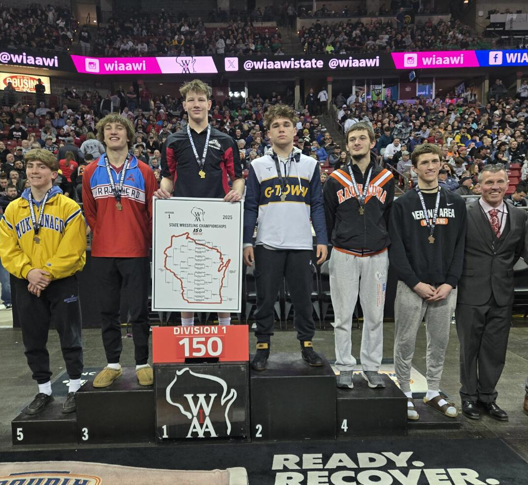 Hortonville's Nolan Skebba stands at the top of the podium after winning the his first WIAA state championship..Submitted Photo