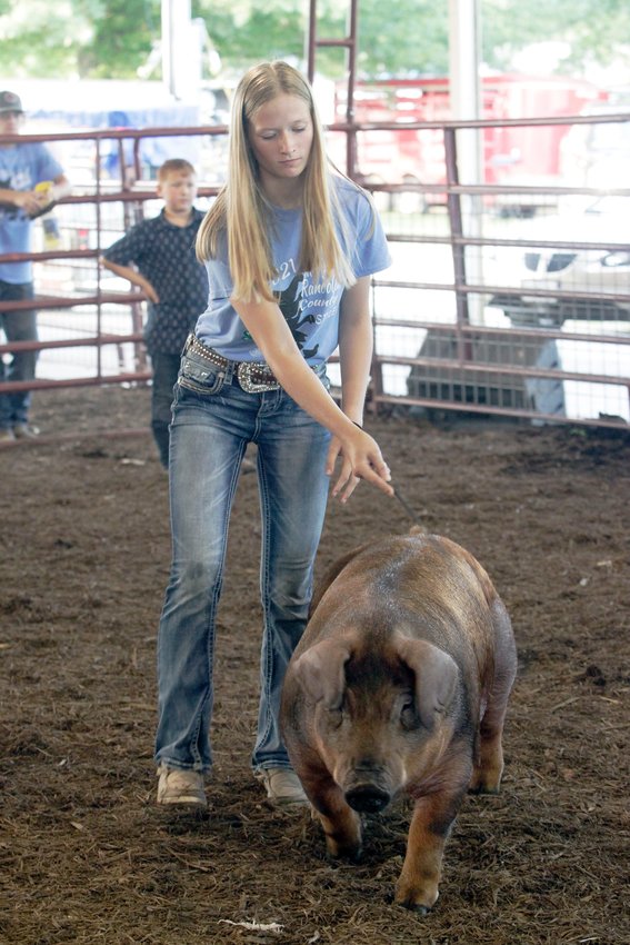 Alicen Mitchell of Higbee escorts  her 7-month old, 269-pound pig Mack into the Riley Pavilion arena Friday, July 16 to be looked at by more than 400 persons during 2021 Randolph County 4-H/FFA Fair Blue Ribbon Auction. Mack was named Grand Champion Market Hog and was purchased for $1,000 by Mid-Am Building Supply of Moberly.