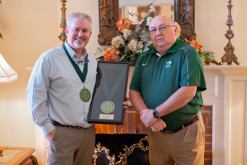 J. B. Waggoner of Fayette, left, received Central Methodist University's first-ever President's Medal for his contributions to the college from CMU President Dr.Roger Drake, right, during a ceremony held in early June 2021.Waggoner also serves on the Moberly Area Economic Development Corporation Council as a representative of Howard County.