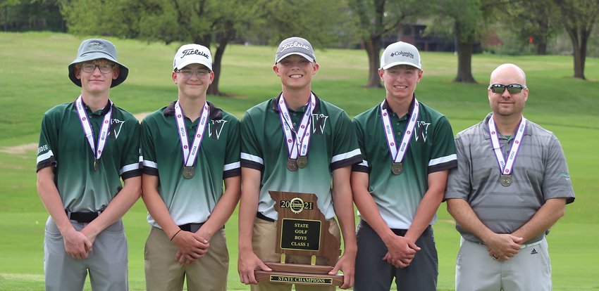 After finishing second in the last two MSHSAA Class 1 boys state golf championships as a team, the 2021 Westran Hornets were crowned team champions at the 36-hole event held May 17-18 at Fremont Hills Golf Course in Nixa. Westran dominated the field with its two-day scorer of 666, which was a healthy 36 strokes better than second place South Harrison High School.  State champion team members are Aidan Seiders, Logan Bain, Caleb Nagel, Colin Brandow and Westran head coach Jeff Schleicher.
