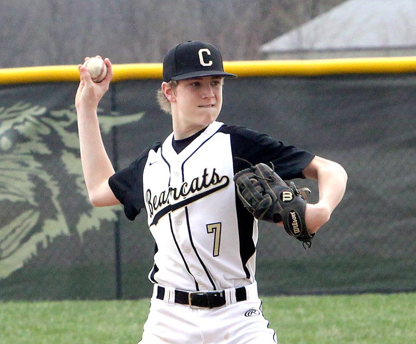 Cairo shortstop Hayden Holman prepares to make a throw to first base during a home game played this 2021 spring season. Holman and the Bearcats team had its season come to an end Tuesday when Cairo was upset by Community R-VI of Laddonia at the Class 1 District 12 tournament semifinal game and lost 2-0.