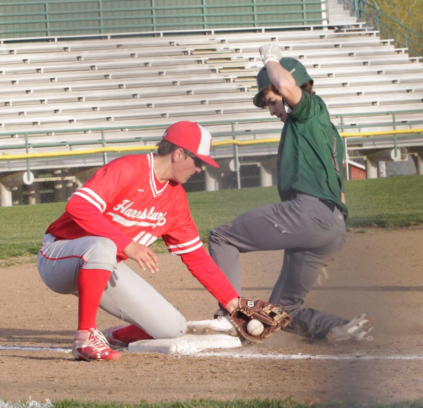 Westran High School junior Leyton Bain safely reaches third base on a passed ball in the fifth inning of Monday's 6-5 home baseball win against Harrisburg.