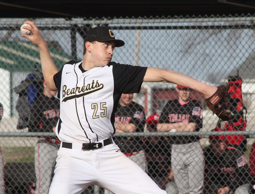 Northeast R-IV School at Cairo junior Gage Wilson pitched a 1-hitter Saturday and threw only 43 pitches in leading the Bearcats to a solid 16-1 home baseball victory in three innings  against Westran of Huntsville in the 2021 season opener for both schools. With COVID-19 pandemic canceling the 2020 spring sports season, Wilson is shown above pitching a home game in April of 2019.