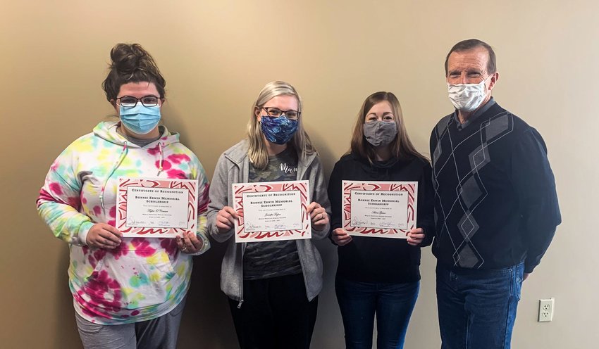 Nursing students at Moberly Area Community College's progam at the Mexico campus site that received a Bonnie Erwin Nursing Scholarship on Feb. 18 are Taylor O&rsquo;Connor  and Jennifer Taylor of Mexico, and Anna Gann of Wellsville. Also shown is Steve Hagan (ight) representing the scholarship board.