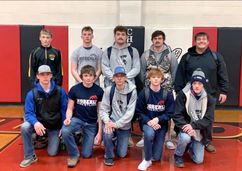Moberly High School wrestlers that participated in the Class 2 District 7 tournament held Feb. 13 at Chillicothe are freshmen Gage St. Clair and Carter Smith, sophomore Hunter Boots, freshman Nick Kessler and Tyler James. Second row are freshman Austen James, junior Dakotah Courtney, senior Jarrett Kinder, junior Beau Garrett and senior Andrew Huff. The following Spartans qualified for the Sectional 4 event being held Feb. 27 at Excelsior Springs H.S.; Kessler at 106 pounds,  Austen James at 120, Boots at 126, St. Clair ot 138, Courtney at 152, Garrett at 195, Kinder at 220 and Huff at 285.