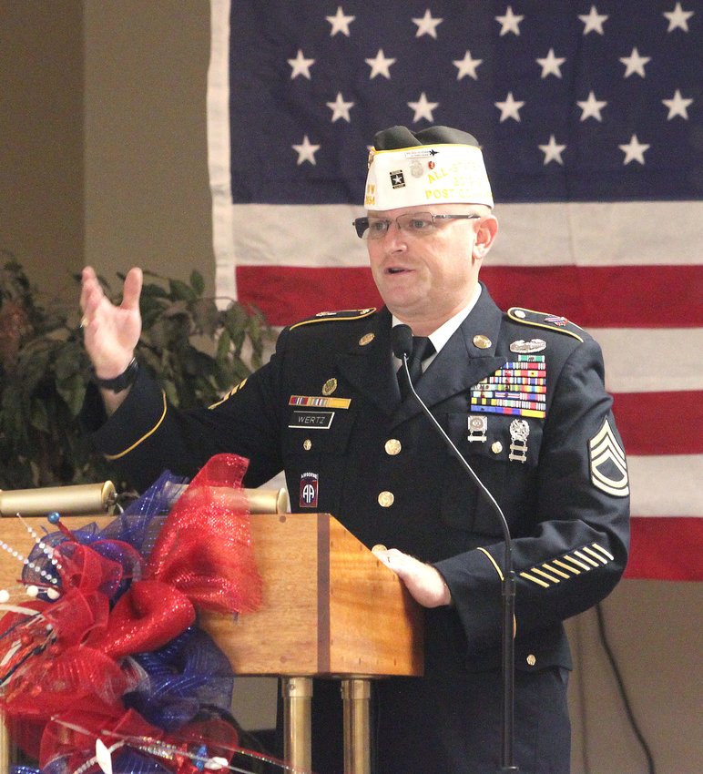 Moberly VFW Post 2654 Commander Chris Wertz provided the keynote address Wednesday on the topic of &ldquo;Patriotism Counts&rdquo; during  the Moberly Veteran's Day ceremony attended by about 40 people.