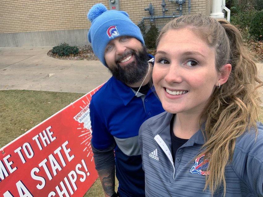 Moberly senior Marin Tadrus takes a selfie photo with coach Jared Van Cleve during the Class 2 girls golf championships held Monday and Tuesday at Meadow Lake Acres Country Club in New Bloomfield. Tadrus scored 10 strokes better on the second day at state and carded a 196 overall to finish tied for 33rd among 75 state qualifiers.