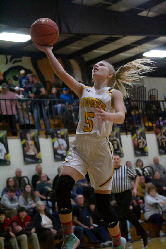 Higbee&rsquo;s Emma Johnson lays the ball in. Johnson had six points for the Lady Tigers. (Michael Allshouse)